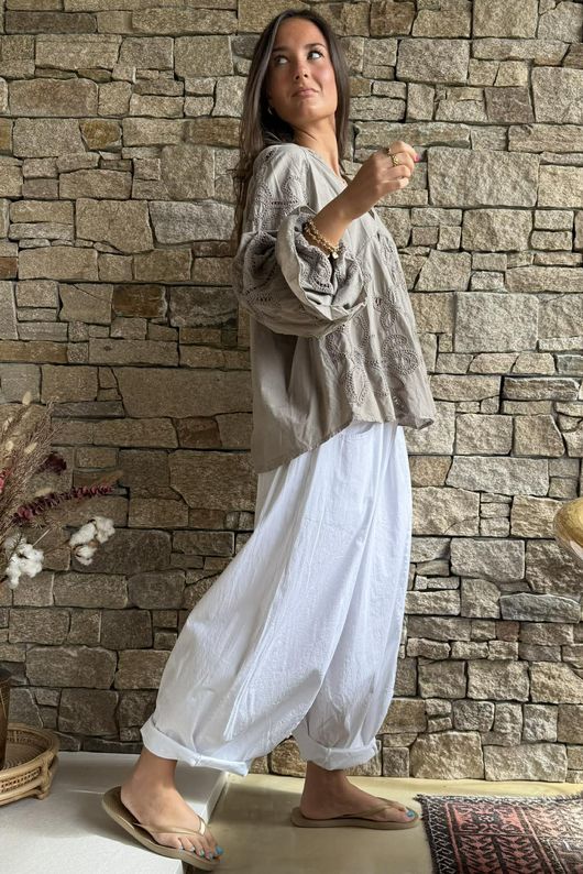 Inga Stretch Poplin Cotton Barrel Pant White